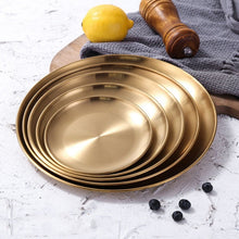 Load image into Gallery viewer, Metal Storage Tray Round Stainless Steel Tray Snack Fruit Cosmetics Jewelry Storage Organizer European Style Dinner Plates Gold
